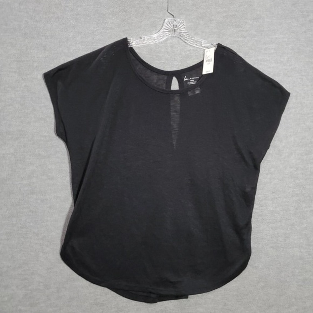 Lane Bryant Women Top 18 20 Black Blouse Linen Blend Keyhole Semi Sheer NWT